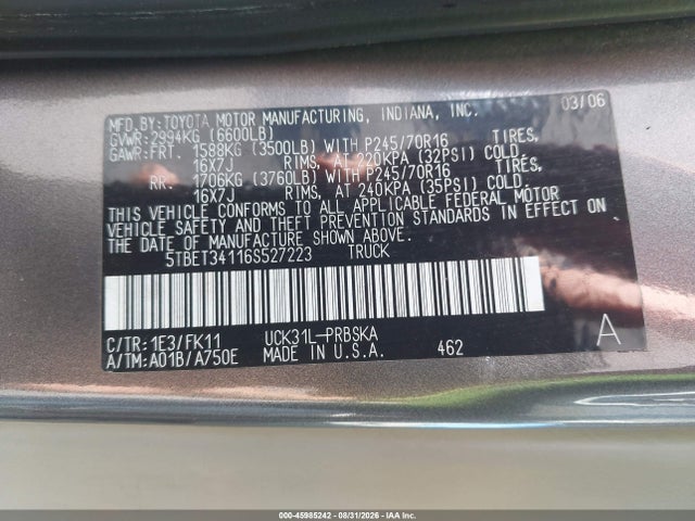 45985242 :رقم المزاد ، 5TBET34116S527223 vin ، 2006 Toyota Tundra Sr5 V8 مزاد بيع