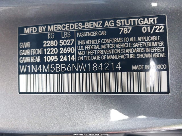 45985246 :رقم المزاد ، W1N4M5BB6NW184214 vin ، 2022 Mercedes-benz Amg Glb 35 4matic مزاد بيع