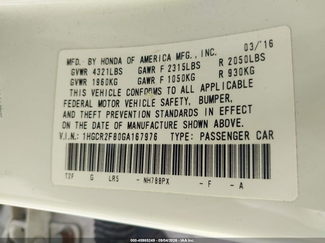 2016 Honda Accord Ex-l მანქანა იყიდება აუქციონზე, vin: 1HGCR2F80GA167976, აუქციონის ნომერი: 45985249