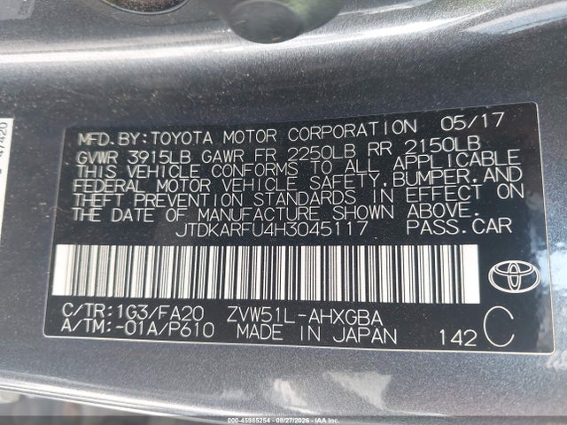 45985254 :رقم المزاد ، JTDKARFU4H3045117 vin ، 2017 Toyota Prius مزاد بيع