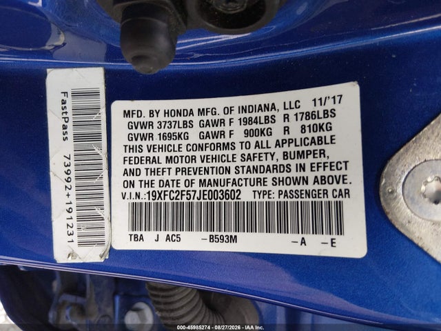 45985274 :رقم المزاد ، 19XFC2F57JE003602 vin ، 2018 Honda Civic Lx مزاد بيع