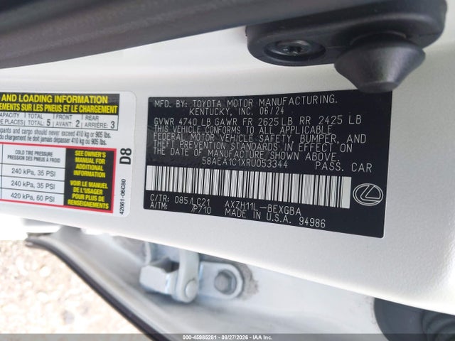45985281 :رقم المزاد ، 58AEA1C1XRU053344 vin ، 2024 Lexus Es 300h Luxury مزاد بيع