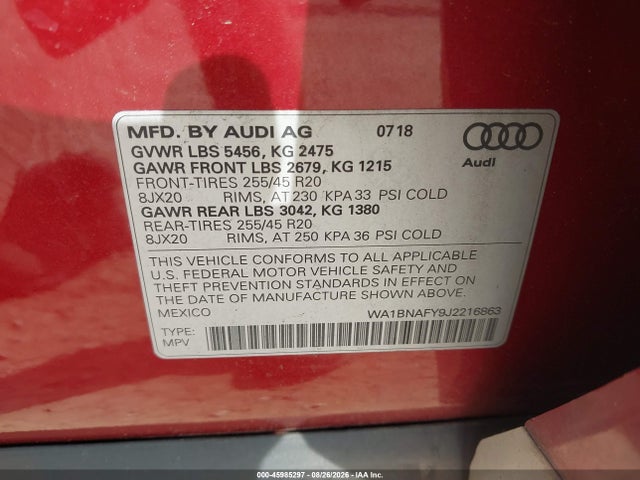 Продажа на аукционе авто 2018 Audi Q5 2.0t Premium/2.0t Tech Premium, vin: WA1BNAFY9J2216863, номер лота: 45985297