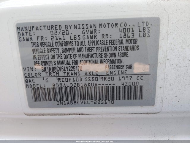Aukcja sprzedaży 2020 Nissan Sentra Sv Xtronic Cvt, vin: 3N1AB8CV6LY225170, numer aukcji: 45985300