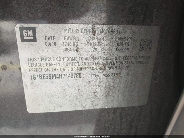 Продажа на аукционе авто 2017 Chevrolet Cruze Lt Auto, vin: 1G1BE5SM4H7143780, номер лота: 45985301