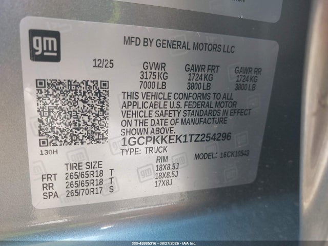 45985316 :رقم المزاد ، 1GCPKKEK1TZ254296 vin ، 2026 Chevrolet Silverado 1500 4wd  Short Bed Lt With 2fl مزاد بيع