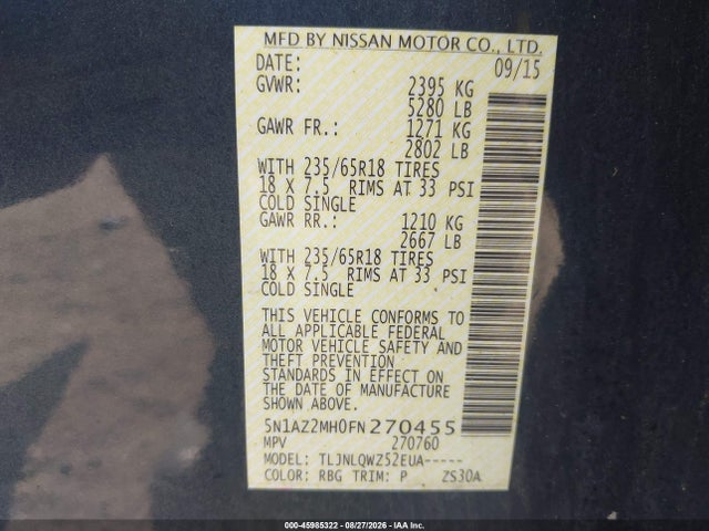 Nissan MURANO SV 2015 5N1AZ2MH0FN270455 Image 9