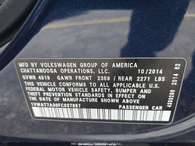 Aukcja sprzedaży 2015 Volkswagen Passat 1.8t Wolfsburg Edition, vin: 1VWAT7A30FC037857, numer aukcji: 45985324