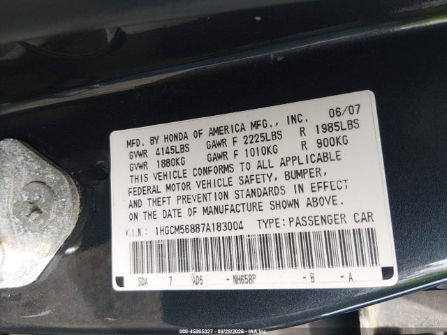 Aukcja sprzedaży 2007 Honda Accord 2.4 Ex, vin: 1HGCM56887A183004, numer aukcji: 45985327