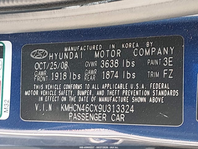 45985337 :رقم المزاد ، KMHCN46CX9U313324 vin ، 2009 Hyundai Accent Gls مزاد بيع