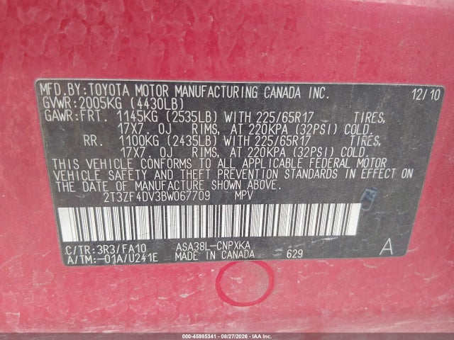 2011 Toyota Rav4 მანქანა იყიდება აუქციონზე, vin: 2T3ZF4DV3BW067709, აუქციონის ნომერი: 45985341