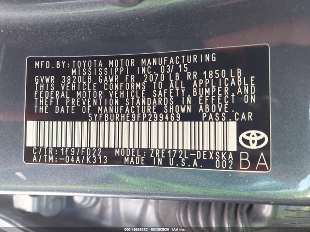 2015 Toyota Corolla S მანქანა იყიდება აუქციონზე, vin: 5YFBURHE9FP299469, აუქციონის ნომერი: 45985352