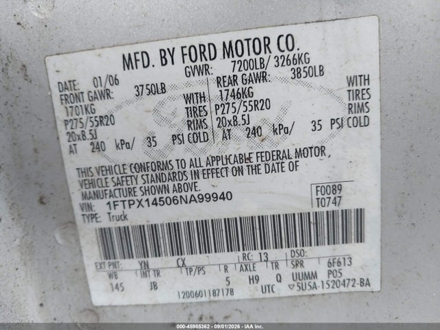 Aukcja sprzedaży 2006 Ford F-150 Fx4/lariat/xl/xlt, vin: 1FTPX14506NA99940, numer aukcji: 45985362