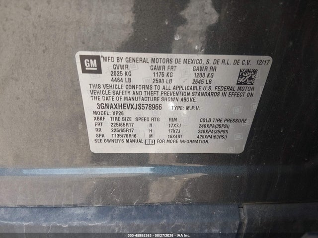 Aukcja sprzedaży 2018 Chevrolet Equinox Ls, vin: 3GNAXHEVXJS578966, numer aukcji: 45985363