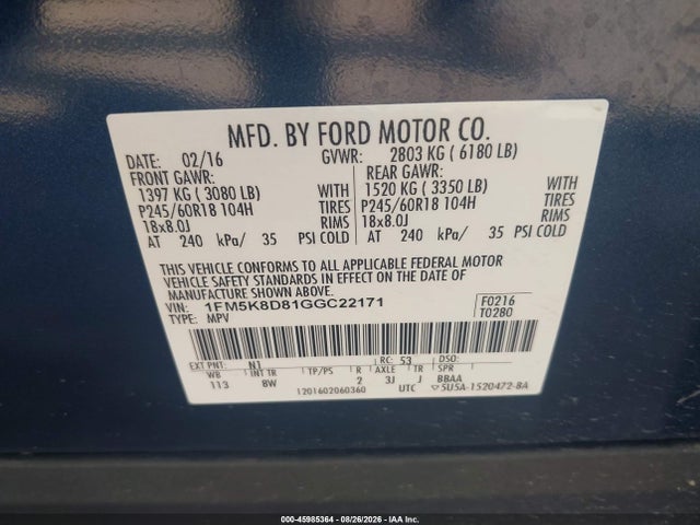 45985364 :رقم المزاد ، 1FM5K8D81GGC22171 vin ، 2016 Ford Explorer Xlt مزاد بيع