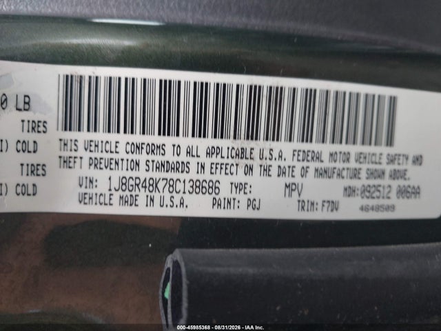 2008 Jeep Grand Cherokee Laredo მანქანა იყიდება აუქციონზე, vin: 1J8GR48K78C138686, აუქციონის ნომერი: 45985368