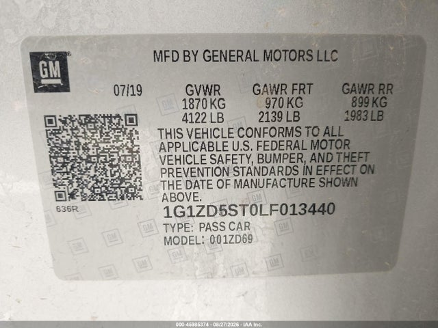 Aukcja sprzedaży 2020 Chevrolet Malibu Fwd Lt, vin: 1G1ZD5ST0LF013440, numer aukcji: 45985374