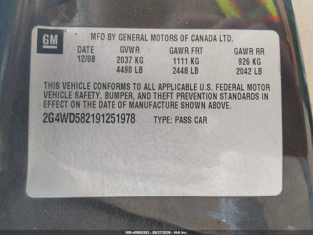 Продаж на аукціоні авто 2009 Buick Lacrosse Cxl, vin: 2G4WD582191251978, номер лоту: 45985383