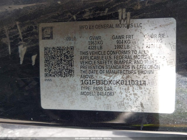 45985388 :رقم المزاد ، 1G1FB3DX0K0110314 vin ، 2019 Chevrolet Camaro 1lt مزاد بيع