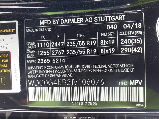 45985397 :رقم المزاد ، WDC0G4KB2JV106076 vin ، 2018 Mercedes-benz Glc 300 4matic مزاد بيع