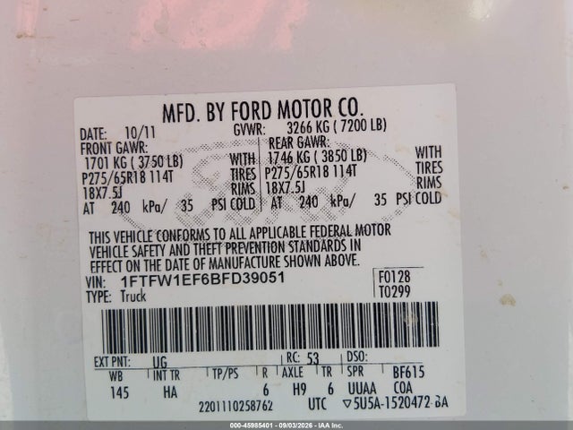 Продажа на аукционе авто 2011 Ford F-150 Lariat, vin: 1FTFW1EF6BFD39051, номер лота: 45985401