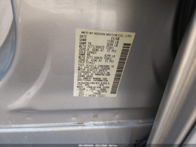 Aukcja sprzedaży 2008 Infiniti Qx56, vin: 5N3AA08C48N913961, numer aukcji: 45985408