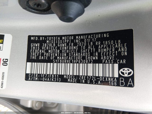 2017 Toyota Corolla Le მანქანა იყიდება აუქციონზე, vin: 5YFBURHE1HP630872, აუქციონის ნომერი: 45985411