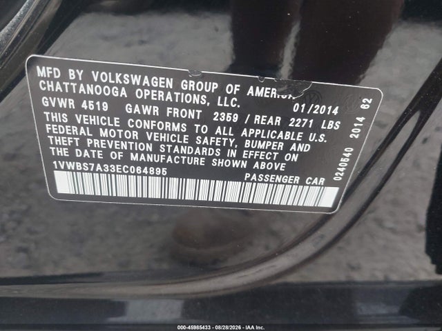 Продаж на аукціоні авто 2014 Volkswagen Passat 1.8t Se, vin: 1VWBS7A33EC064895, номер лоту: 45985433