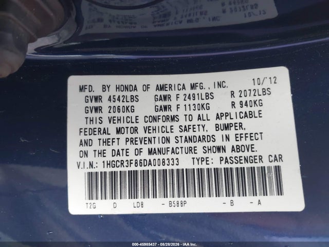 45985437 :رقم المزاد ، 1HGCR3F86DA008333 vin ، 2013 Honda Accord Ex-l V-6 مزاد بيع