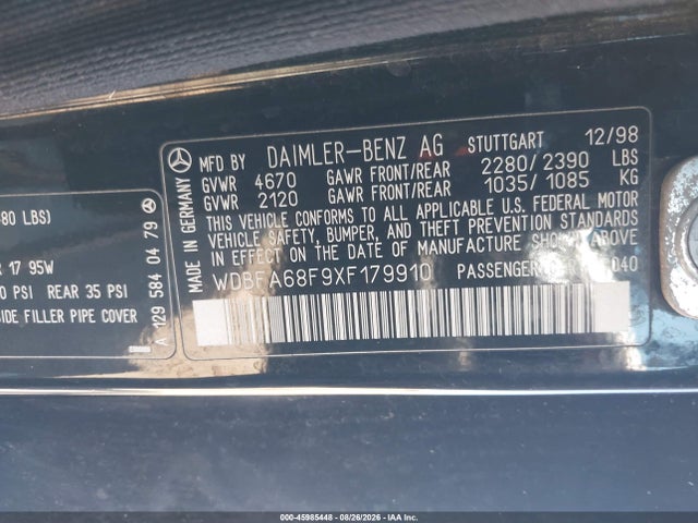 Aukcja sprzedaży 1999 Mercedes-benz Sl 500, vin: WDBFA68F9XF179910, numer aukcji: 45985448