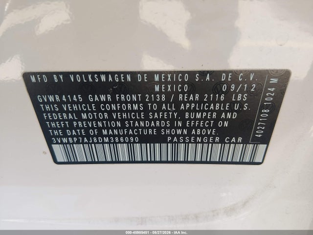 45985451 :رقم المزاد ، 3VWBP7AJ8DM386090 vin ، 2013 Volkswagen Jetta 2.5l Se مزاد بيع