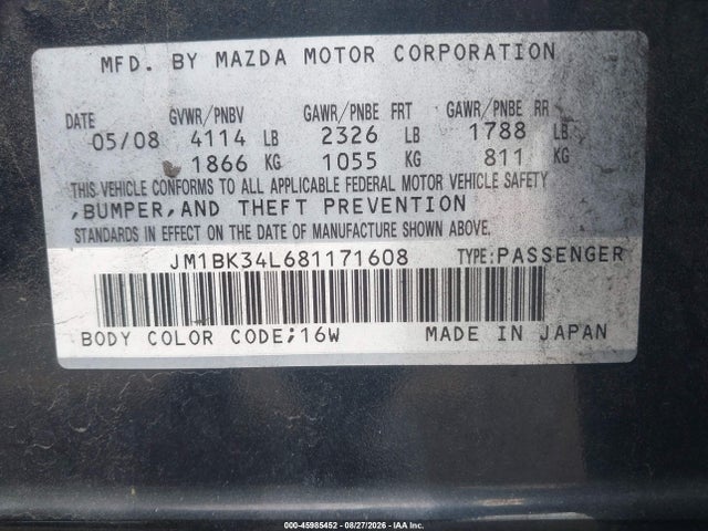 Aukcja sprzedaży 2008 Mazda Mazdaspeed3 Sport, vin: JM1BK34L681171608, numer aukcji: 45985452