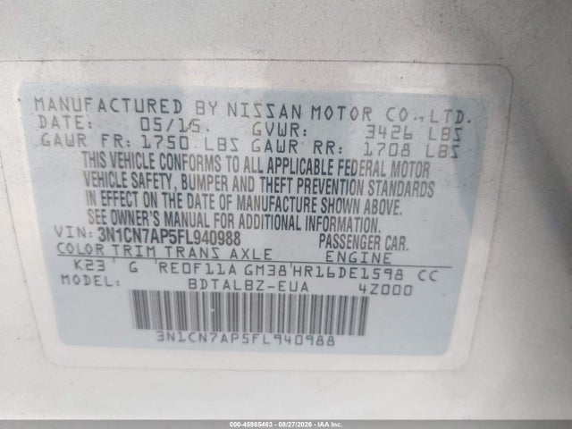 Продажа на аукционе авто 2015 Nissan Versa 1.6 Sv, vin: 3N1CN7AP5FL940988, номер лота: 45985463