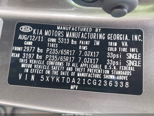 Продаж на аукціоні авто 2012 Kia Sorento Lx V6, vin: 5XYKTDA21CG236338, номер лоту: 45985466