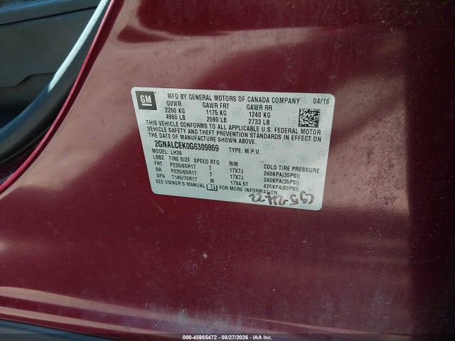Продаж на аукціоні авто 2016 Chevrolet Equinox Lt, vin: 2GNALCEK0G6309869, номер лоту: 45985472