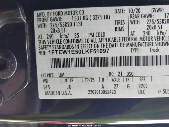 Продаж на аукціоні авто 2020 Ford F-150 Xl, vin: 1FTEW1E50LKF51097, номер лоту: 45985479