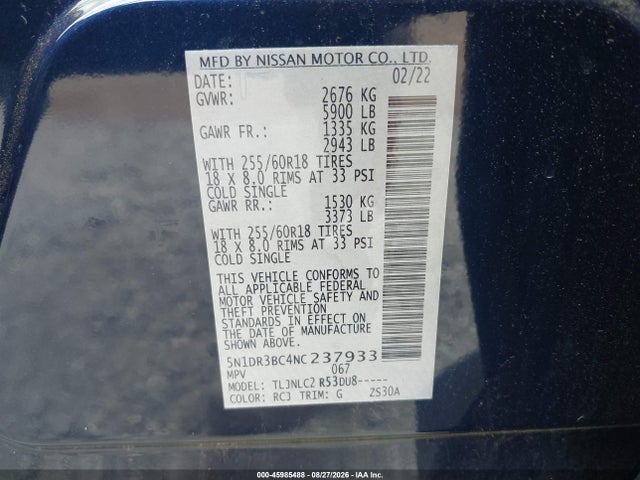 45985488 :رقم المزاد ، 5N1DR3BC4NC237933 vin ، 2022 Nissan Pathfinder Sv 4wd مزاد بيع