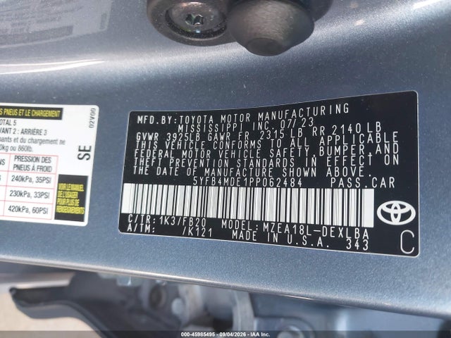 Продаж на аукціоні авто 2023 Toyota Corolla Le, vin: 5YFB4MDE1PP062484, номер лоту: 45985495