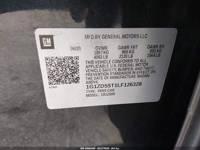 45985499 :رقم المزاد ، 1G1ZD5ST1LF126328 vin ، 2020 Chevrolet Malibu Fwd Lt مزاد بيع