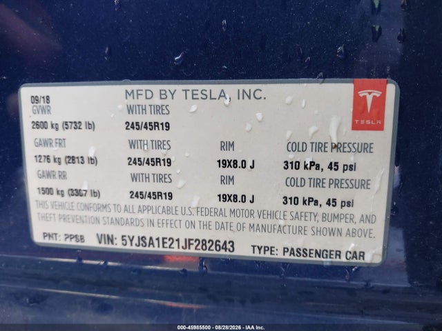 Продаж на аукціоні авто 2018 Tesla Model S, vin: 5YJSA1E21JF282643, номер лоту: 45985500