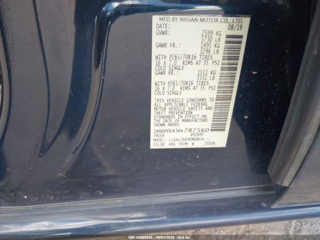 2019 Nissan Frontier Sv მანქანა იყიდება აუქციონზე, vin: 1N6DD0ER3KN787560, აუქციონის ნომერი: 45985504