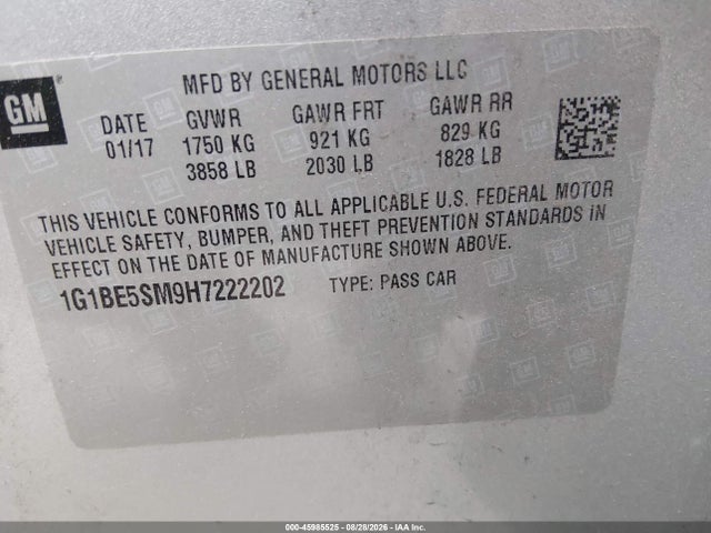 45985525 :رقم المزاد ، 1G1BE5SM9H7222202 vin ، 2017 Chevrolet Cruze Lt Auto مزاد بيع