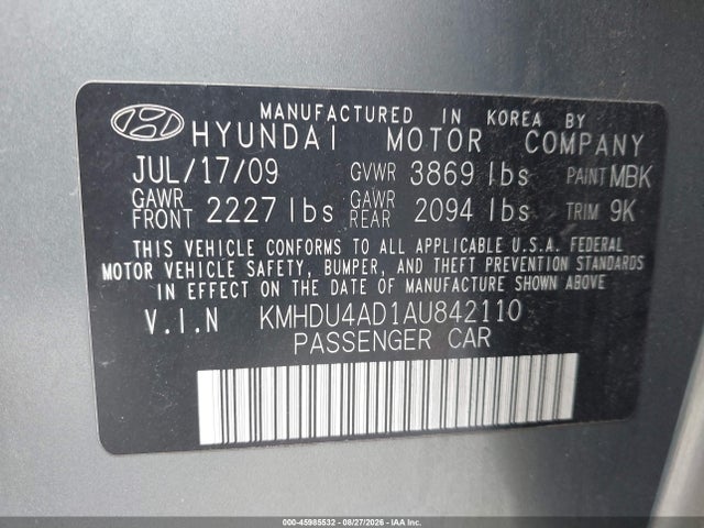 Продаж на аукціоні авто 2010 Hyundai Elantra Gls, vin: KMHDU4AD1AU842110, номер лоту: 45985532