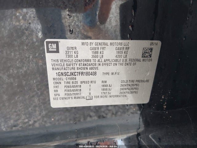 45985533 :رقم المزاد ، 1GNSCJKC7FR180408 vin ، 2015 Chevrolet Suburban Lt مزاد بيع