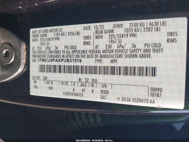 45985536 :رقم المزاد ، 1FMCU9PAXPUB31519 vin ، 2023 Ford Escape St-line Elite مزاد بيع