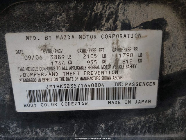 Aukcja sprzedaży 2007 Mazda Mazda3 S Sport, vin: JM1BK323571640804, numer aukcji: 45985552