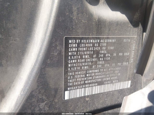 2014 Volkswagen Tiguan S მანქანა იყიდება აუქციონზე, vin: WVGAV3AX9EW588046, აუქციონის ნომერი: 45985568