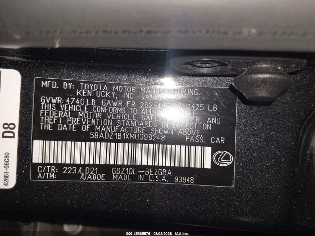 45985576 :رقم المزاد ، 58ADZ1B1XMU098248 vin ، 2021 Lexus Es 350 مزاد بيع