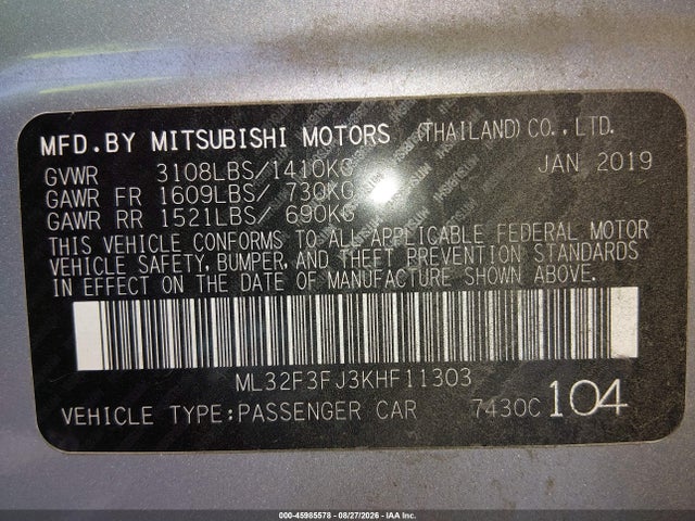 Aukcja sprzedaży 2019 Mitsubishi Mirage G4 Es, vin: ML32F3FJ3KHF11303, numer aukcji: 45985578