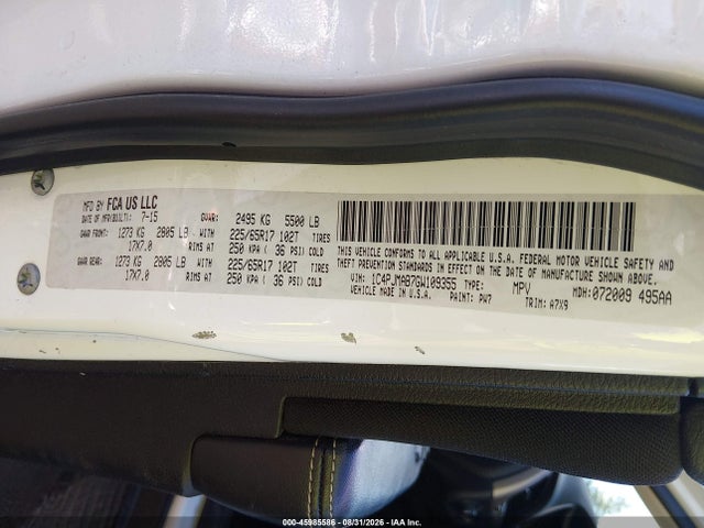 Продажа на аукционе авто 2016 Jeep Cherokee Sport, vin: 1C4PJMAB7GW109355, номер лота: 45985586